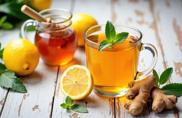 Ginger tea with lemon and honey on rustic white wooden table for wellness