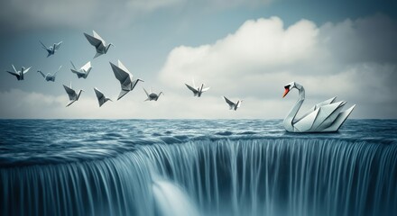 Origami swan gliding on water with paper cranes flying above a cascading waterfall