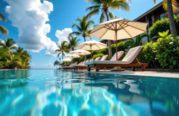 Obraz premium Tropical poolside retreat with loungers and umbrellas beside turquoise water