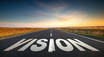 Road with VISION painted on asphalt leading toward horizon at sunrise and open sky