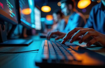 People typing on keyboards in a dim blue tech workspace with monitors glowing