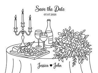 Save the date wedding line art illustration, elegant romantic table setting with candles wine, and flowers, minimal black and white outline design, classic engagement invitation artwork for modern