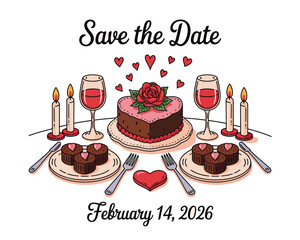 Save the Date romantic dinner illustration, Valentine themed engagement artwork, elegant candlelight table design with cake wine and hearts for wedding announcement prints