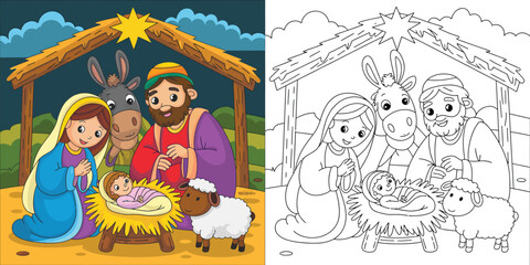 Fototapeta premium Joyful Nativity Scene Illustration depicting the birth of Christ in a rustic stable, with Mary, Joseph, and animals in both colored and outline versions for holiday projects