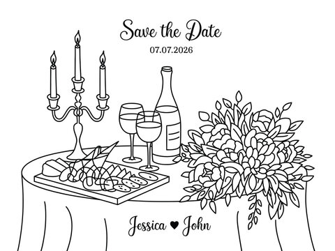 Save the date wedding line art illustration, elegant romantic table setting with candles wine, and flowers, minimal black and white outline design, classic engagement invitation artwork for modern - Powered by Adobe