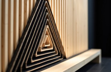 Obraz premium Wooden triangle sculpture with nested geometric frames beside slatted panel