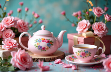 Fototapeta premium Tea set with floral pink roses and gift box on a pastel backdrop in a bright studio