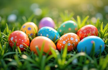 Colorful Easter eggs nestled in fresh green grass create a festive scene