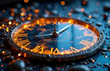 Antique clock face with glowing Roman numerals amid water droplets and bokeh