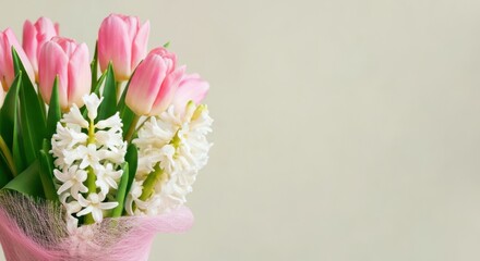 Obraz premium Pink tulips and white hyacinths in a bouquet with soft neutral background