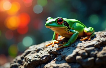 Fototapeta premium Green frog perched on sunlit rock beside a soft colorful bokeh background