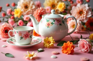 Fototapeta premium Floral teapot and teacup set on a pink table surrounded by colorful blossoms