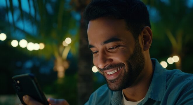 Man smiling while using smartphone in outdoor evening setting with bokeh lights - Powered by Adobe