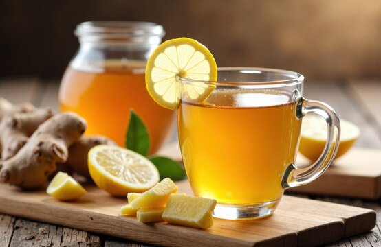 Cup of lemon ginger tea in glass mug with lemon slice on rustic wooden board - Powered by Adobe