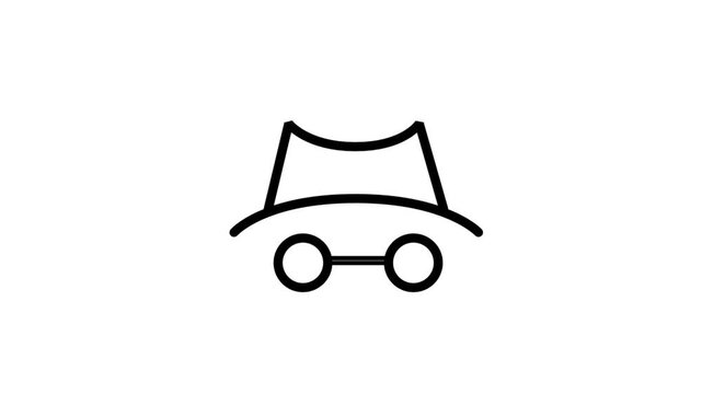 Private Browsing line animation. Incognito mode icon featuring a hat and glasses representing private browsing, anonymous web surfing, internet privacy, and hidden identity.