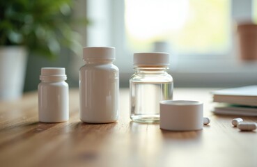 Medical bottles and pills on a wooden desk bathed in soft daylight and morning light