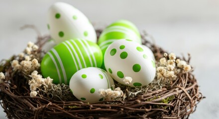 Green Easter eggs arranged in natural twig nest with dried flowers and moss