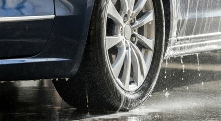 Car wheel splashing through water on wet pavement with motion and spray