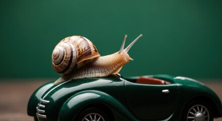 Snail on green toy car crawling across a wooden surface with green backdrop