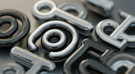 Metallic symbols arranged on dark surface with glossy reflective finish