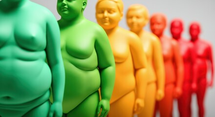 Colorful human figures lined up in a gradient from green to red with depth