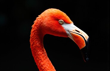 Flamingo head in sharp profile against a deep dark background with strong lighting