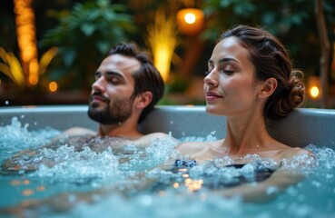 Couple enjoying a quiet evening soak in a warmly lit outdoor spa under ambient glow