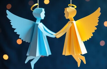 Paper angel ornaments in blue and yellow holding hands with halos and wings