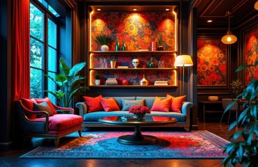 Luxurious living room with patterned wallpaper, plush sofa and moody warm lighting