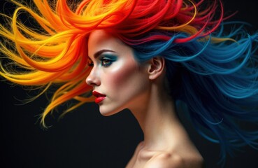 Rainbow-haired woman in profile exudes bold color and dramatic elegance today