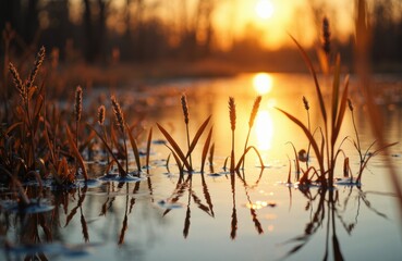 Reeds at sunset glow over a tranquil wetland reflecting warm light and mist
