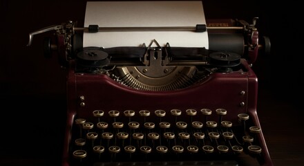 Vintage typewriter on dark wooden surface with blank paper loaded for typing