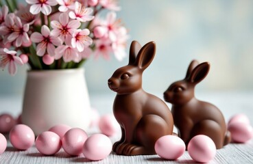 Chocolate bunnies with pastel eggs and pink blossoms arranged on table