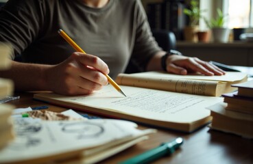 Person writing notes in open notebook on wooden desk surrounded by books