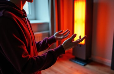 Man warming hands by infrared heater in cozy indoor low-light room