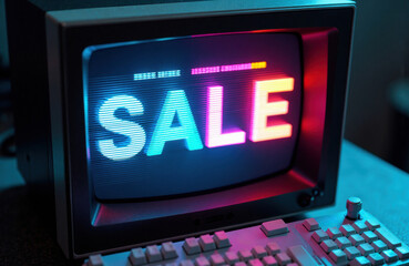 Sale neon glow on retro computer monitor brightens a moody desk space vibe