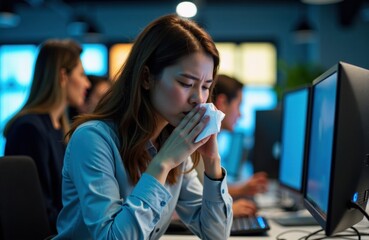 Woman blowing nose at computer desk in busy office environment late at night
