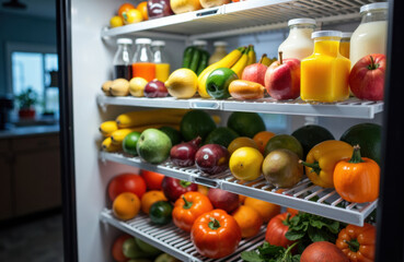 Fruits fill open fridge shelves with colorful produce and fresh juice bottles