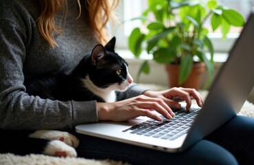 Fototapeta premium Woman typing on laptop with cat resting on her lap in cozy home office