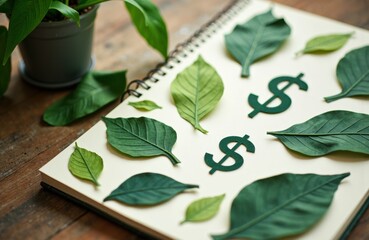 Leaves and dollar signs on a notebook illustrating financial planning concept