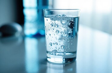 Glass of water with bubbles on a cool blue surface in a calm studio setting