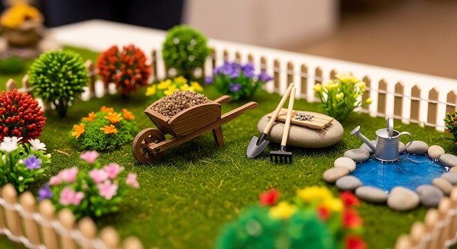 Charming miniature garden scene with decorative elements and lush greenery