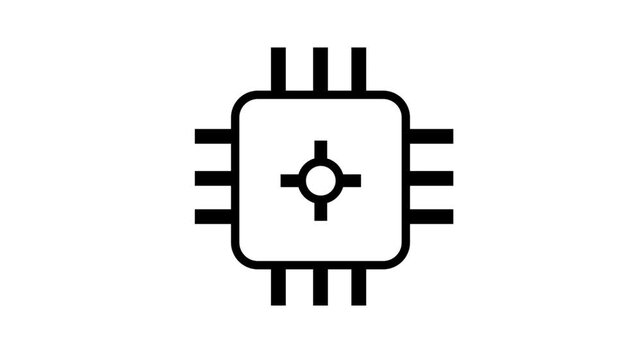 CPU Microchip icon line animation. Computer CPU microchip icon representing hardware processing, digital technology, electronic circuits, and high-performance computing systems in line art.