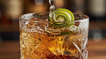 A refreshing ambercolored cocktail with ice cubes and an elegant lime peel garnish is expertly poured into a beautifully faceted glass creating a sophisticated and inviting beverage perfect for a bar. - Powered by Adobe
