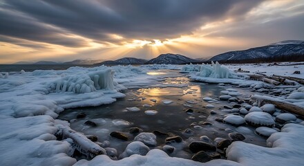 Stunning winter sunset over a frozen landscape, with dramatic golden light illuminating intricate ice formations, tranquil waters, and distant snow-capped mountains