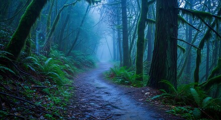Winding path through an ancient, mossy forest bathed in a mysterious fog, inviting a tranquil yet unknown journey into nature's heart