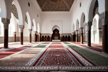 Obraz premium Interior view of a mosque with colorful prayer mats and intricate arches and ceiling in a calm and serene atmosphere.