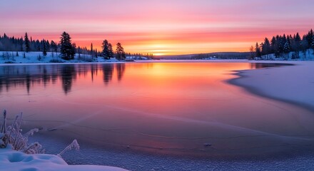 Fototapeta premium Spectacular winter landscape at sunset, featuring a frozen lake reflecting vibrant pink and orange sky colors amidst snow-laden trees, a serene natural beauty