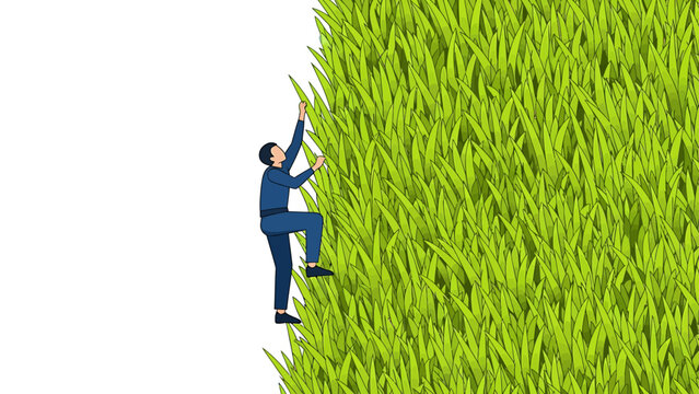 person climbing a challenging steep grass wall representing perseverance and ambition towards achieving business goals and overcoming obstacles