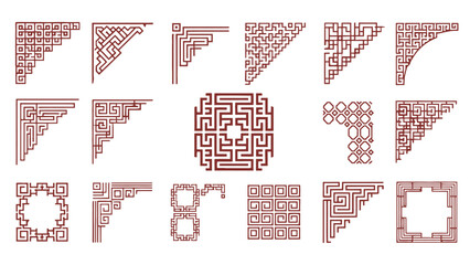 Fototapeta premium traditional asian geometric patterns ornamental corner designs and oriental style frames for cultural graphic design web and print projects.